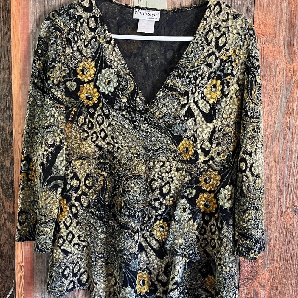 NorthStyle Black and Gold Embellished Wrap Blouse - Picture 1 of 4